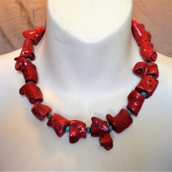 Chunky Genuine Turquoise Enhanced Color Red Coral Beaded Necklace Sterling Clasp